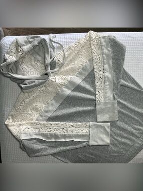 Coco + Carmen Gray Knit Hoodie with Cream Lace Inset
